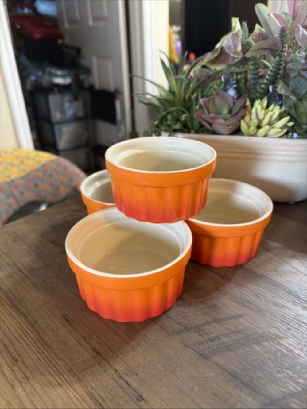 Colorful Kitchen Ceramic Fluted Orange & Red Ombre Ramekins - Set of 4